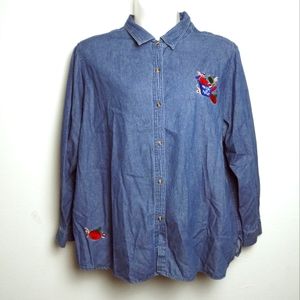 Vintage Halloween Denim Embroidered Button Down Long Sleeves Shirt Size 3X